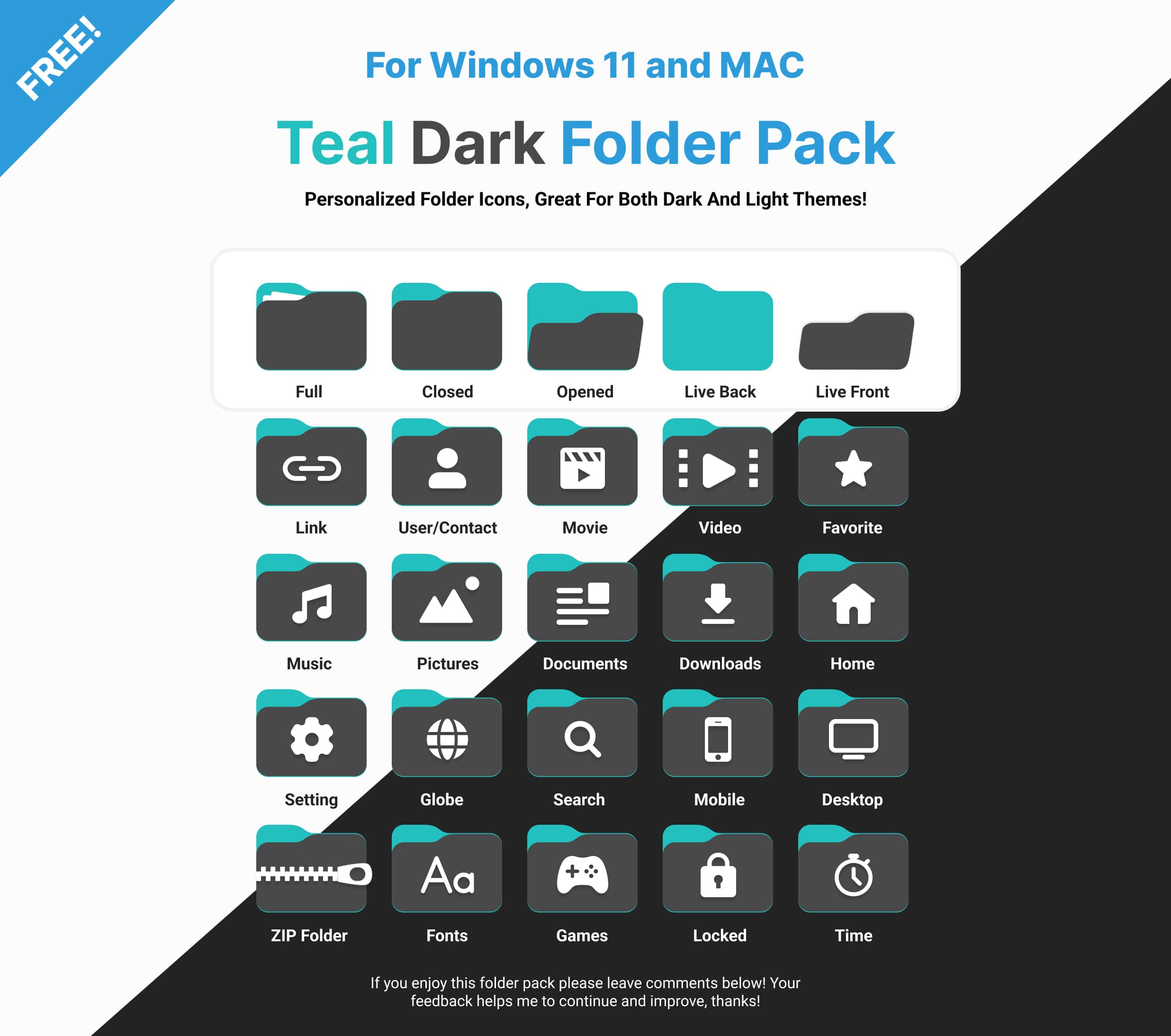 Teal dark folder icon pack for Windows 11